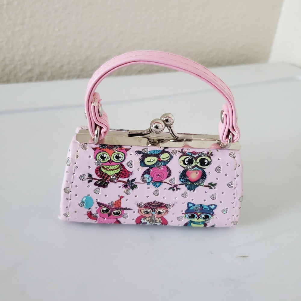 Tic Tok Pink Owl Print Mini Coin Purse Kiss Lock Glitter Heart Tiny Handbag